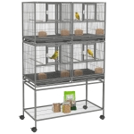 PawHut 61"H Divided Breeder Bird Cage with Rolling Stand Removable Metal Tray, Storage Shelf, Wood Perch, and Food Container, Dark Grey
