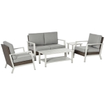 Outsunny Aluminum Patio Furniture Set, 5 Piece Modern Outdoor Conversation Set with Loveseat Sofa, Chairs, Cushions, Coffee Table & Side Table, Gray