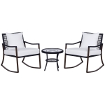 Outsunny 3 Piece Patio Rocking Bistro Set, Outdoor PE Rattan Wicker Rocking Chairs with Cushioned, Pillows, Two-Tier Glass Storage Shelf Coffee Table, Cream White