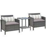Outsunny 3 Piece Patio Furniture Set w/ Cushions, PE Rattan Outdoor Table And Chairs, 2-Tier Glass Top Coffee Table, Striped