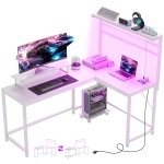 HOMCOM 61.6" L Shaped Gaming Desk with Power Outlets & LED Lights, Computer Desk with Monitor Stand and CPU Shelf, White