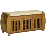HOMCOM Shoe Bench with Storage Cabinets, Bamboo Entryway Bench with Seating Cushion, 3 Doors, Side Rack and Hidden Compartment for Hallway, Brown