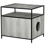 PawHut Wooden Cat Litter Box Enclosure, Hidden Kitten Washroom, Indoor End Table with Magnetic Doors & Storage Shelves, Gray