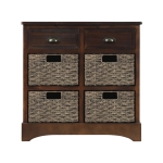Rustic Storage Cabinet with Two Drawers and Four Rattan Baskets, Modern Farmhouse Style, Acacia Wood Frame, 28" L x 12" W x 28" H, Brown