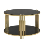 Modern Asymmetrical Coffee Table with Black Mirror Top, Circular Metal Drum Base and Lower Shelf, 31.5" L x 31.5" W x 20" H, Black
