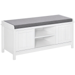 HOMCOM Entryway Shoe Bench Storage Ottoman with Sliding Doors, Adjustable Shelving, 6 Compartments, and Padded Seat, Holds 10 Pairs, White