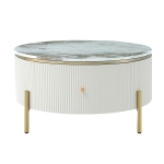 Modern Round Coffee Table with 2 Large Drawers, MDF Construction and Golden Legs, 31.5" L x 31.5" W x 17" H, Gold+White