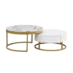 Modern Round Nesting Coffee Table with Drawers, MDF and Metal Pedestal Base, Durable Construction, 31.5" L x 31.5" W x 17" H, Gold+White