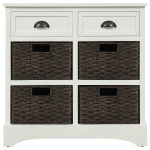 Rustic Storage Cabinet with Two Drawers and Four Rattan Baskets, Modern Farmhouse Style, Acacia Wood Frame, 28" L x 12" W x 28" H, White