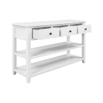 Mid-Century Retro Console Table with 2 Open Shelves, 3 Drawers, Pine Solid Wood Frame, Circular Handles, 50" L x 16" W x 30" H, White