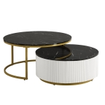 Modern Round Nesting Coffee Table Set with Storage Drawer, MDF Top and Metal Base, Fluted Design, 27.5" L x 27.5" W x 16" H, Black+Gold