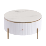 Modern Round Coffee Table with 2 Large Drawers, MDF Construction and Gold Legs, Sleek Modern Design, 31.5" L x 31.5" W x 17" H, White+Gold