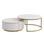 Modern Round Nesting Coffee Table Set with Fluted Design, Storage Drawer, MDF Top and Metal Base, 27.5" L x 27.5" W x 16" H, White+Gold