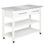 HOMCOM Kitchen Island with Stainless Steel Top, Traditional Kitchen Island with Storage, Butcher Block Cart 2-Tier Open Shelves, Drawers, White