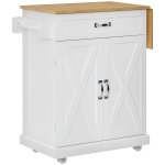 HOMCOM Foldable Kitchen Island with Storage Drawer, Farmhouse Style Rolling Utility Cart, Coffee Bar Cabinet on Wheels with Drop-Leaf Wood Top, White
