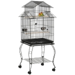 PawHut 53.9'' Large Rolling Steel Bird Cage Bird House with Detachable Rolling Stand, Storage Shelf, Wood Perch, Food Container, Black