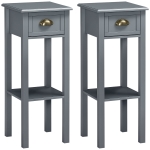 HOMCOM Bedside Table Set of 2, Narrow Side Table with Drawer and Shelf, 2 Tier Tall Nightstand for Bedroom, Grey