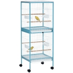 PawHut 55.1" 2 In 1 Bird Cage Aviary Parakeet House for finches, budgies with Wheels, Slide-out Trays, Wood Perch, Food Containers, Light Blue