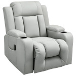HOMCOM Recliner Chair with 8 Vibration, Overstuffed PU Leather Reclining Chair with Wide Seat, Cup Holders, Rocking, Light Grey