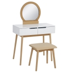 HOMCOM Makeup Vanity Table with Round Mirror and 2 Drawers, Dressing Table with Cushioned Stool Set for Bedroom (Natural Wood)