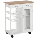 HOMCOM 28" Rolling Kitchen Island with Storage, Kitchen Cart with Solid Bamboo Top, Wire Basket,Door Cabinet and Drawers, White
