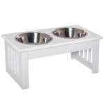 PawHut 6" Height Small Puppy Dog Feeding Station for Messy Pets, Stainless Steel Elevated Dog Bowls with Modern Wooden Frame, Dog Food Stand Pet Feeding Station, White