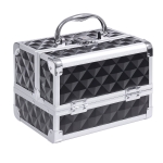 HOMCOM 3 Tier Diamond Texture Makeup Case Train Case Cosmetic Organizer with Mirror, Black