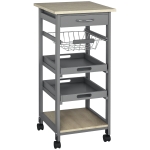 HOMCOM Mobile Kitchen Cart, Rolling Kitchen Island with Storage, Solid Wood Frame Utility Cart with Wire Fruit Baskets, Trays and Drawer, Gray