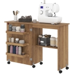 HOMCOM Sewing Machine Cabinet, Folding Sewing Table with Storage Shelf, Bins and Lockable Wheels for Small Space, Brown