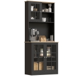 HOMCOM Kitchen Pantry Storage Cabinet, 72" Freestanding Cabinet with Hutch, Large Countertop, Glass Doors and Adjustable Shelves for Dining Room, Black