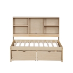 Twin Size Bed Frame with Side Bookshelves, Two Drawers, Built-in USB Port, and Adjustable Shelves, 81" L x 50" W x 41" H, Natural