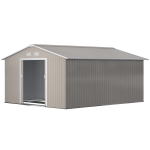 Outsunny 11' x 13' Practical Backyard Garden Storage Tool Shed Double Sliding Door 4 Ventilation Slots, Light Grey