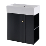 Modern Floating Bathroom Vanity with Ceramic Basin and Right Side Storage, Cabinet with Gold Handle, 21.5" L x 12" W x 26.5" H, Black+White