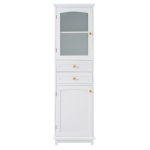 Tall Bathroom Storage Cabinet with Glass Doors, Free-Standing with Adjustable Shelves and Drawers, 18" L x 14" W x 63" H, White