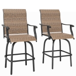 Outsunny Set of 2 Outdoor Swivel Bar Stools with Armrests, Bar Height Patio Chairs with Steel Frame for Balcony, Poolside, Backyard, Brown