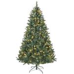 HOMCOM 7 ft Frosted Prelit Christmas Tree, Full Spruce Xmas Tree with Dual Colour LED Light, Hinged Xmas Tree, Easy Assembly
