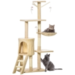 PawHut 53" Plush Sturdy Interactive Cat Condo Tower Scratching Post Activity Tree House - Beige