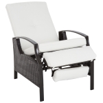 Outsunny Outdoor Recliner Chair, Reclining Patio Lounge Chair with Comfy Cushions, Footrest, Armrests, PE Wicker for Balcony, Porch, Dark Brown, Cream White