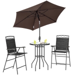 Outsunny 4 Piece Patio Bar Set, Sling Folding Outdoor Furniture with Brown Umbrella for Poolside, Backyard and Garden, Black