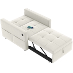 HOMCOM Convertible Chair Bed, Pull Out Sleeper Chair with USB, Adjustable Backrest, Small Velvet Futon Sofa Bed, Cream White
