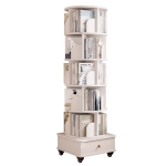 Rotating Bookshelf with Drawer and 360-Degree Display, Wood Narrow Book Shelf Organizer for Small Spaces, 18" L x 18" W x 69" H, White