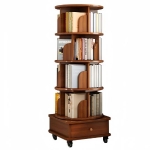 5-Tier Corner Bookcase for Small Spaces, 360-Degree Rotating Display Bookshelf with Drawer, 18" L x 18" W x 57" H, Walnut Brown