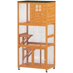 PawHut 74" Wooden Outdoor Cat House Weatherproof & Wheeled with High Weight Capacity, Kitten Cage Condo, Orange