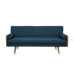 Mid-Century Modern Tufted Fabric Sofa with Rolled Accent Pillows, Daybed with Gold Tipped Rubberwood Legs, 72'' L x 30.5'' W x 32'' H, Navy Blue