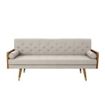 Mid-Century Modern Tufted Fabric Sofa with Rolled Accent Pillows, Daybed with Gold Tipped Rubberwood Legs, 72'' L x 30.5'' W x 32'' H, Beige