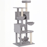 PawHut 66 Inch Large Cat Tree with 2 Door Condos, 3 Big Hammocks, Plush Top Perch, Sisal Scratching Posts, Light Grey