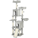 PawHut Cat Tree, 70" Multi-Level Cat Tower with 2 Condos, 2 Beds, Hammock, Toy Balls, Scratching Posts and Board, Light Grey