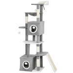 PawHut 65 Inch Cat Tree with 2 Doors Condos, Plush Top Perch, Hammock, Sisal Scratching Posts, 4 Pompoms, Ramp, Grey