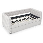 Twin Daybed with Trundle, Button Tufting and Nailhead Trim, Sofa Bed with Foam-Padded Back and Arms, 85" L x 42.5" W x 31.5" H, Beige