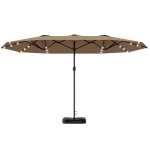 Outsunny Garden Parasol 14.4 ft. Double-Sided Sun Umbrella with Base, Patio Parasol with LED Solar Lights, Khaki